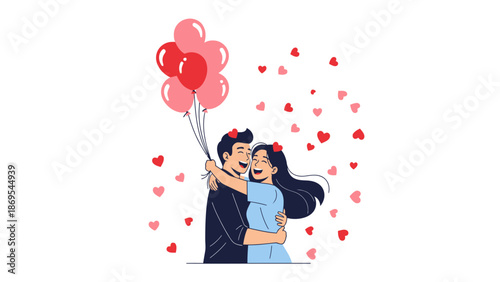 A vibrant flat design illustration capturing a couple's joyful celebration with balloons and confetti, perfect for symbolizing the excitement of Valentine's Day. 