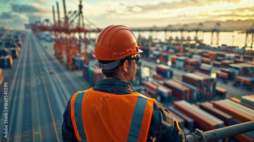 A worker wearing a safety vest and hard hat looks at a container terminal with cranes and cargo ships. Logistics, port infrastructure, and cargo flow control.