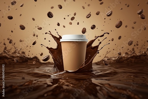 Dynamic coffee cup emerging from rich chocolate coffee splash with flying roasted coffee beans, creative beverage concept for cafe branding, advertising, and packaging design.
