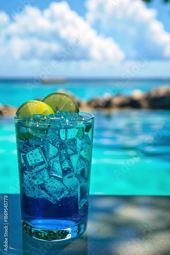 A glass with a bright blue chilled cocktail is on a wooden table by the sea. Vacation in a tropical resort, summer vacation, relax.