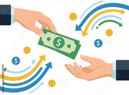 A vibrant vector illustration showing a hand passing a dollar bill to another, surrounded by colorful curved arrows and floating coins, depicting active cash flow, investment, and trade.