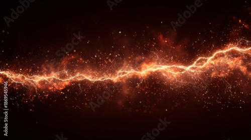 Fiery electric lightning bolt on a dark background. Energy discharge with bright sparks. Abstract power effect for technology and scientific concept background.