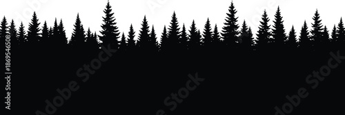 Panoramic black silhouette of coniferous pine and spruce forest trees isolated on white background vector illustration nature landscape design scene
