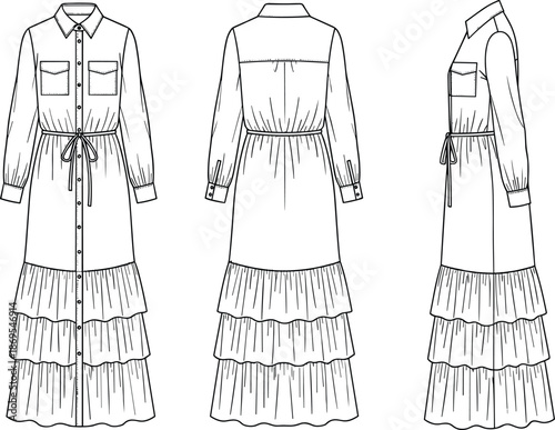 Technical fashion illustration of long sleeve button down maxi dress with tiered ruffle skirt, waist tie belt, front back side views