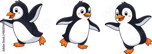 Cute penguin character bundle set featuring various active running and jumping poses, adorable arctic animal vector illustration isolated on white background for stickers
