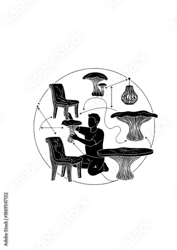 Mycelium Furniture Assembly Silhouette for Circular Economy. Person Building Mushroom Leather Decor for Sustainable Interior Design 2026 Trend Concept Vector.