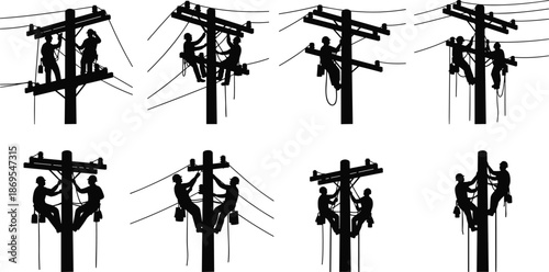Utility pole worker silhouette icon set vector, electrical maintenance and safety gear for infrastructure, teamwork, and occupational themes