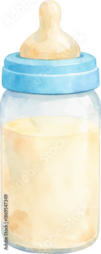 Baby milk bottle with blue lid isolated on white background, infant feeding formula container illustration