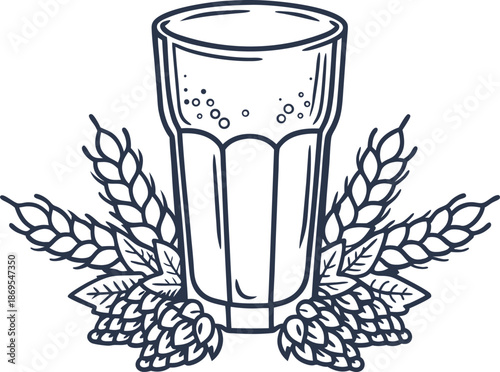 Glass of beer with barley and hop cones in vintage illustration