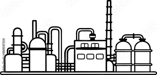 Industrial factory building with chimneys and storage tanks line art illustration