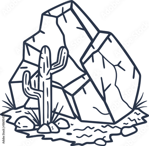 Desert cactus next to large cracked rock with small stones and dry grass