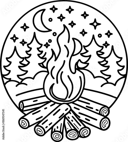 campfire burning bright in forest clearing under night sky with moon and stars