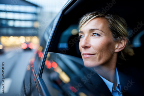 Confident European female business executive riding in luxury chauffeur driven car looking out window. Mature professional woman leader in her late 40s sitting in premium vehicle business travel