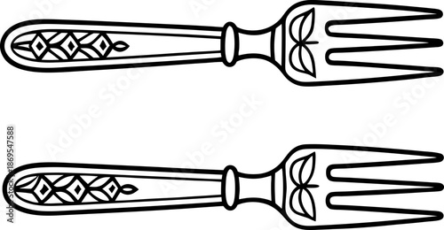 Elegant vintage forks with ornate handles, kitchen utensil design, black and white line art, cutlery set
