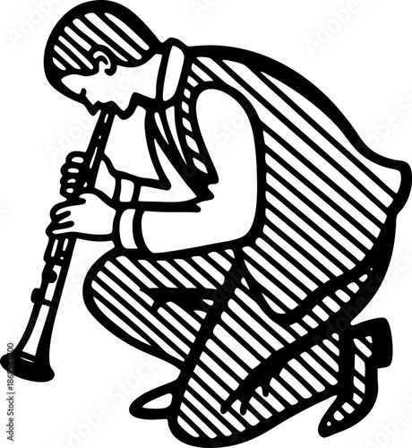 Man playing clarinet while kneeling in vintage striped suit and tie