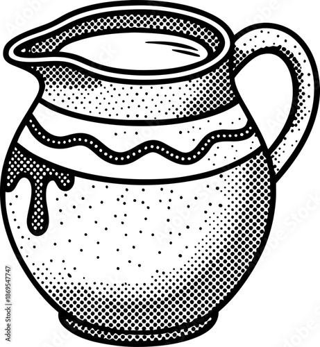 Milk jug with handle and decorative patterns, vintage hand drawn container for liquid