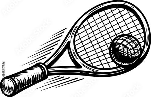 Tennis racket hitting ball illustration with motion lines in black and white design