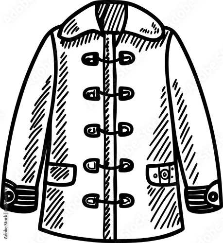 Classic toggle coat with hood and button fasteners, winter outerwear illustration