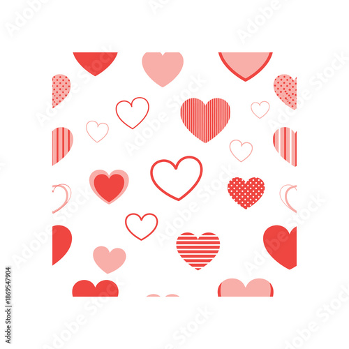 Collection of red and pink hearts in various patterns and shapes displayed on a white background.