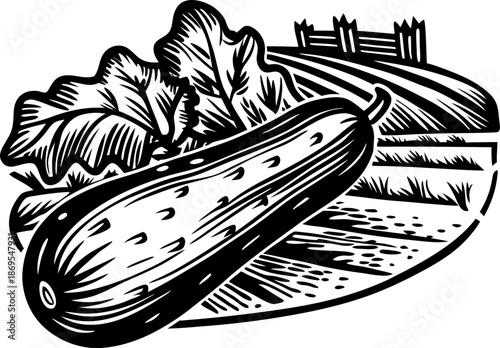 Zucchini vegetable with leafy greens on garden background black and white illustration