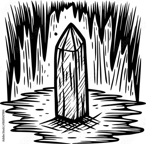 hand drawn crystal obelisk standing upright surrounded by jagged flames and reflective surface