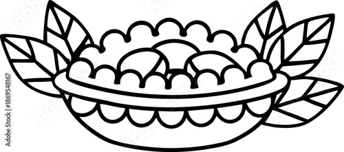 Decorative pie with fruit filling and leaves outline drawing for coloring and illustration
