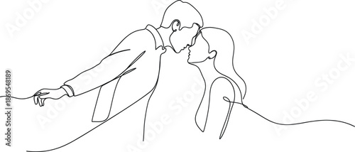 A minimalist continuous line art illustration of a man and woman sharing an intimate moment
