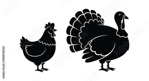 A charming depiction of a turkey and hen in black silhouette