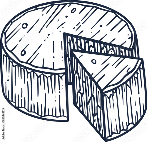 Whole round cheese with a cut wedge slice hand drawn sketch of dairy food wheel product