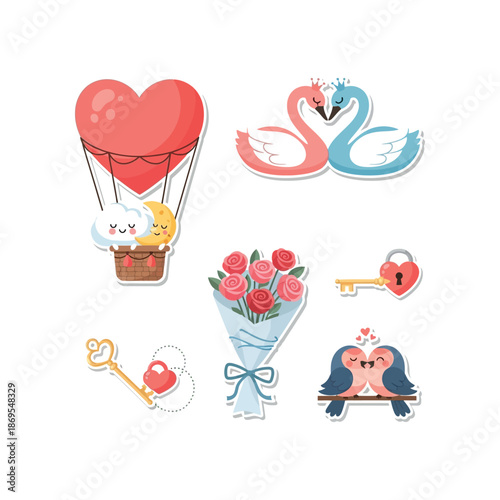 Valentine's Day stickers of heart designs and romantic symbols float freely.
