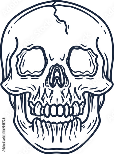 human skull outline illustration with cracked forehead and detailed teeth structure