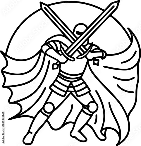 Knight in armor crossing swords, medieval warrior with cape standing ready for battle