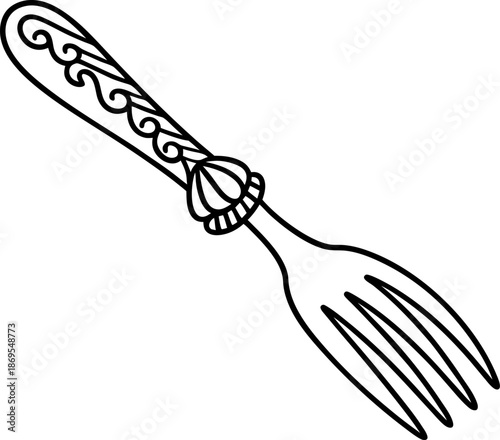 decorative vintage fork with ornate handle design and four prongs for dining