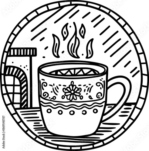 decorative cup of hot steaming beverage with intricate floral pattern and cozy atmosphere