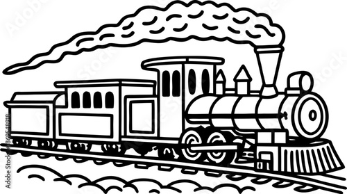 Classic steam locomotive engine on railroad tracks emitting smoke, vintage train illustration