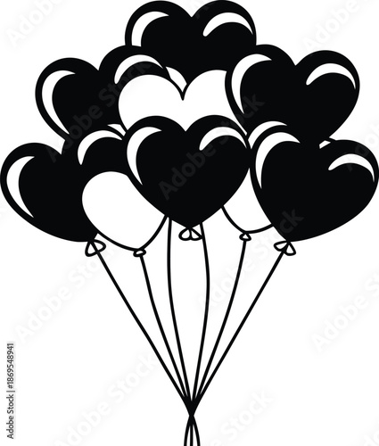 A charming illustration of a tied bunch of heart shaped balloons in black and white