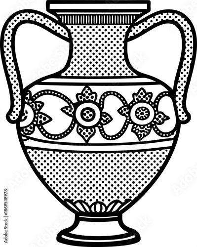 Ancient greek urn with floral patterns and decorative handles in black and white design