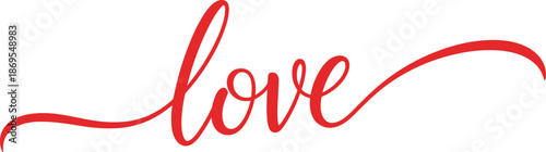 Red cursive love word on white background text