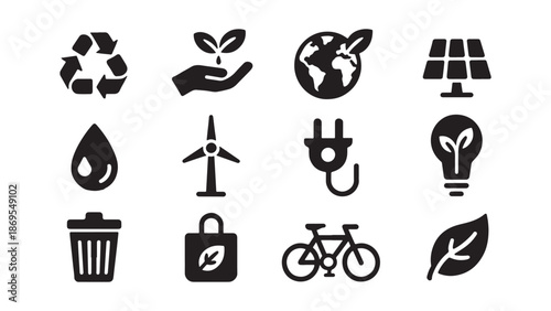 Ecology and green energy icon set showing recycling, solar power, wind turbines, and nature symbols for environmental sustainability concepts.