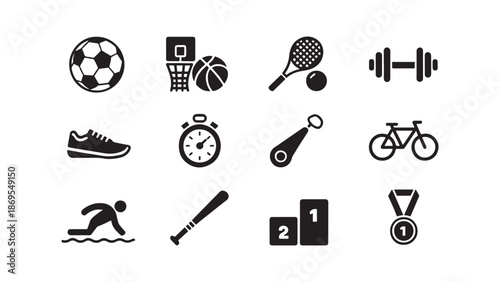 Sports and fitness icon set featuring equipment for soccer, basketball, tennis, and gym workouts for athletic club branding.