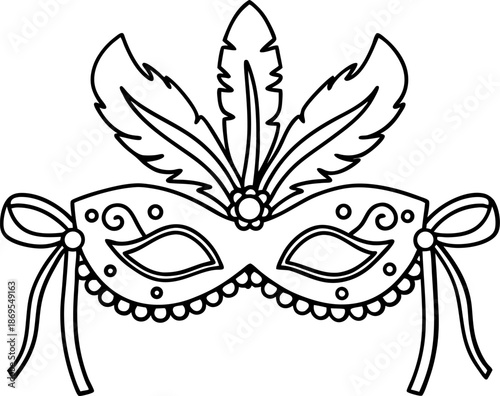 Carnival masquerade mask with feathers and decorative patterns, festive party accessory outline design