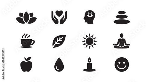 Wellness and spa lifestyle icons showing yoga poses, lotus flowers, meditation, and healthy organic elements for mental health, beauty, and relaxation designs.