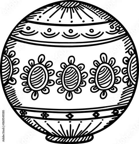 Decorative hand drawn ceramic vase with intricate floral and geometric patterns