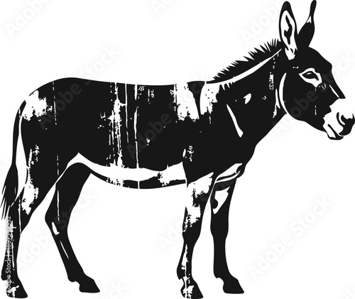 Black and white silhouette of a standing donkey facing right on a white background
