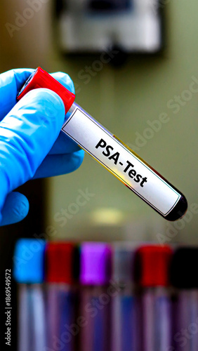 Blood sample tube labeled PSA test used for prostate cancer screening and medical laboratory diagnostics.
