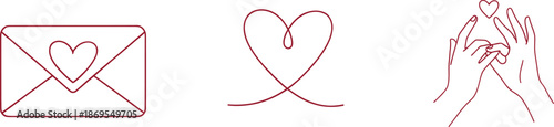Minimalist illustrations representing different forms of love and affection: a letter, a line heart, and a hand gesture