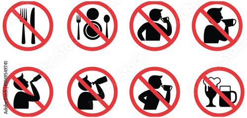 No eating and no drinking alcohol allowed signs collection, red circle prohibition symbols, vector illustration isolated on transparent background suitable for signage, rules, apps and websites.