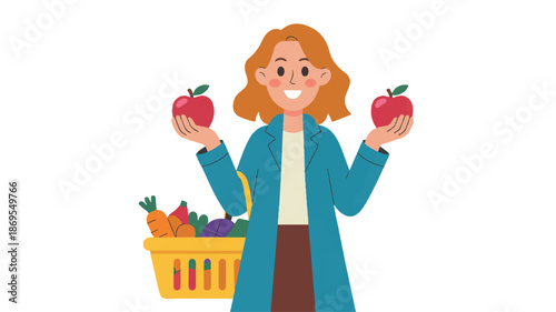 A cartoon illustration of a woman in a teal blue coat and brown skirt holding two red apples - one in each hand (2)_traced