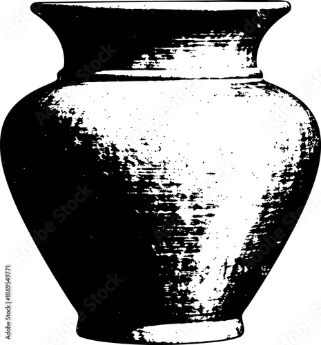 Ancient ceramic vase silhouette with textured surface and wide neck in black and white