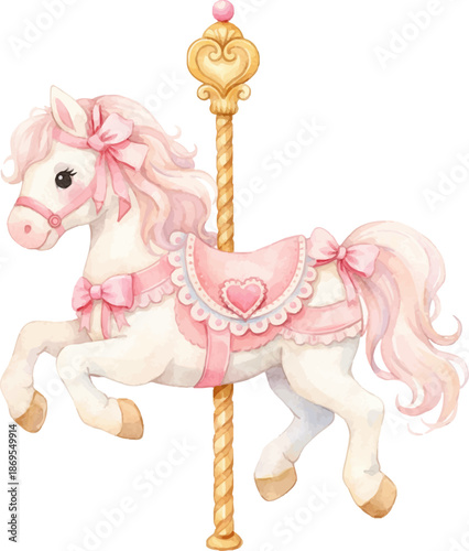 Pink carousel horse with ornate saddle, golden pole and pastel decorations for children's amusement rides